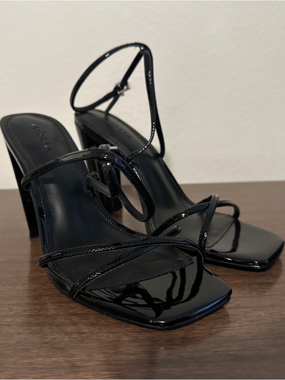 Aqua Black Patent Strappy High-Heel Sandals